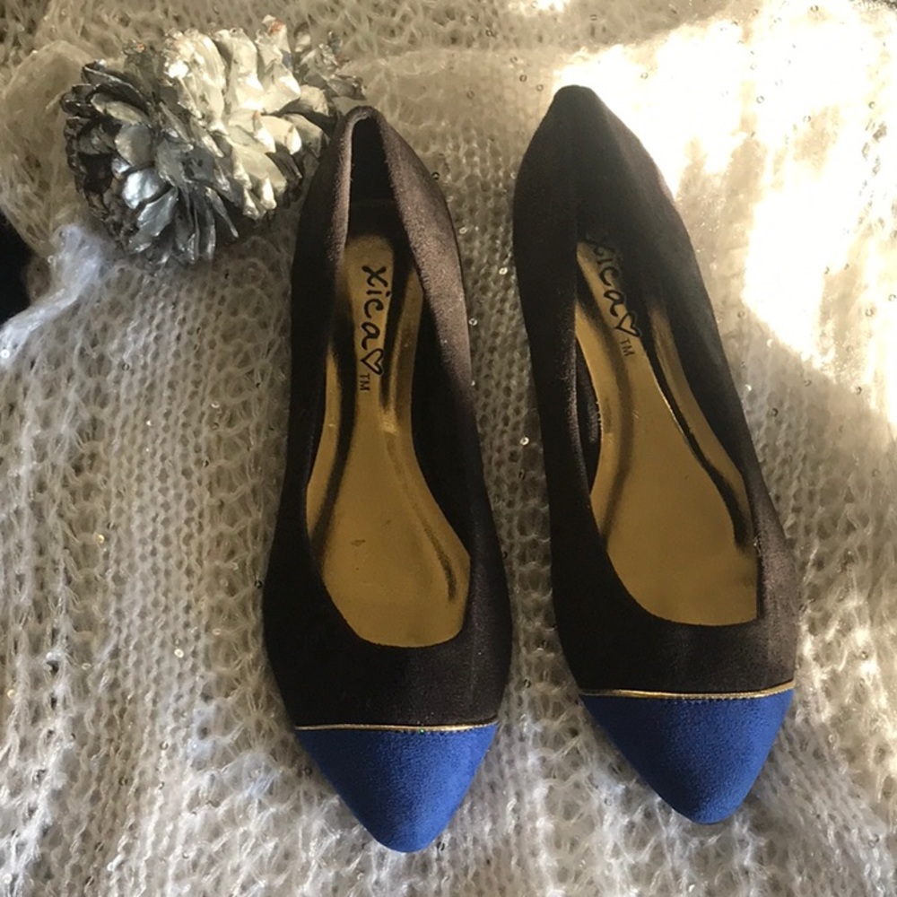 Black micro suede flats with cobalt blue and gold!
